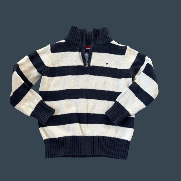 Tommy Hilfiger Kid 4 Navy & White Striped Half-Zip Knit Sweater - Picture 1 of 6